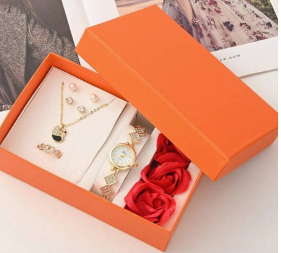 7 Piece Jewelry Gift Set with Roses, Watch Necklace Earrings Ring