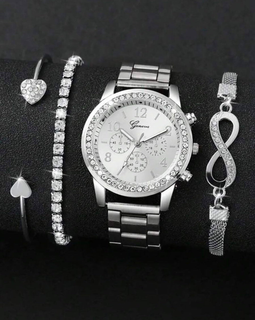 Silver Watch and Bracelet Set, 4 Piece Quartz Jewelry Set