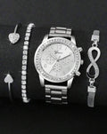 Silver Watch and Bracelet Set, 4 Piece Quartz Jewelry Set