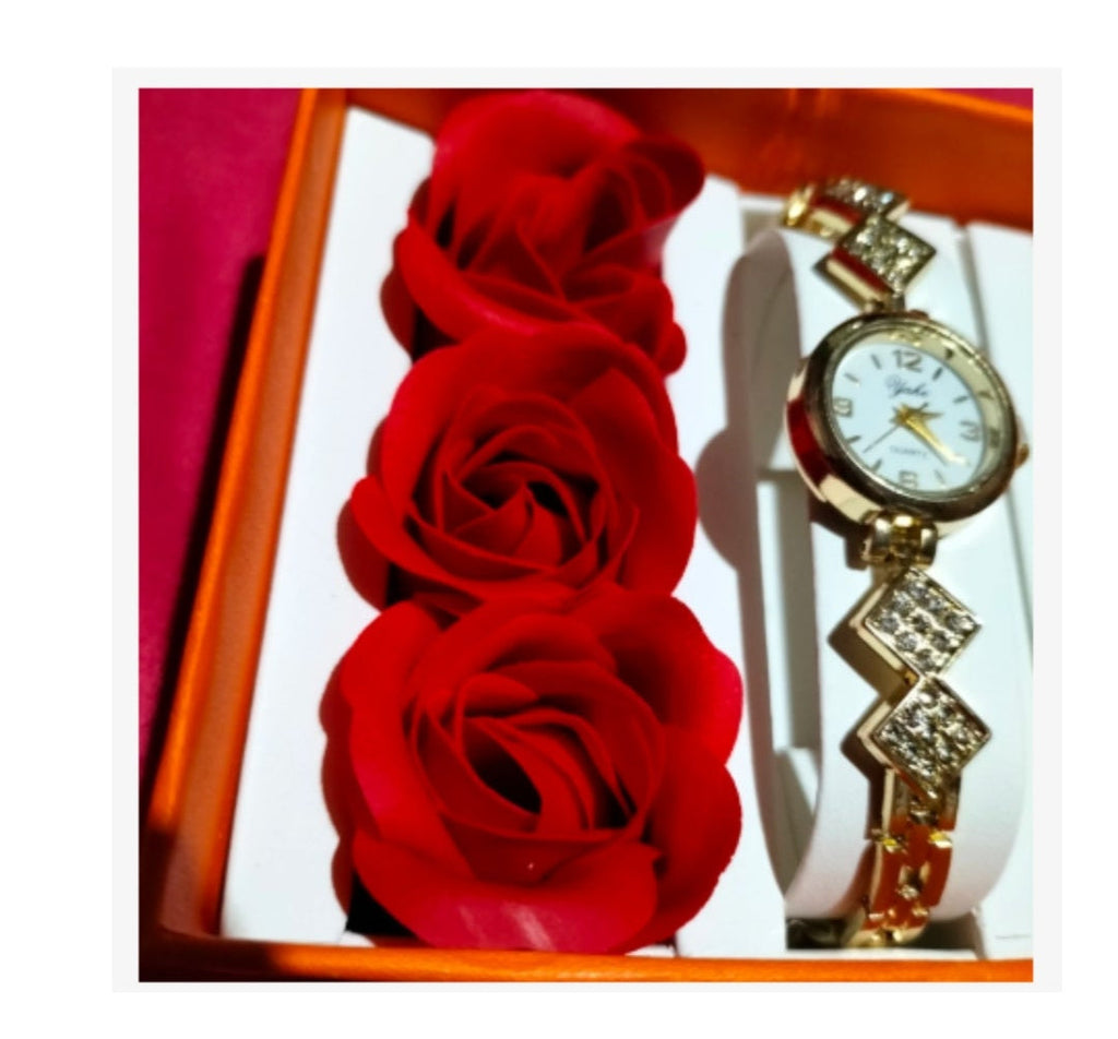 7 Piece Jewelry Gift Set with Roses, Watch Necklace Earrings Ring