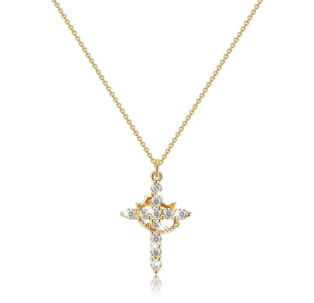 Cubic Zirconia Cross Necklace, Gold Plated Pendant Jewelry