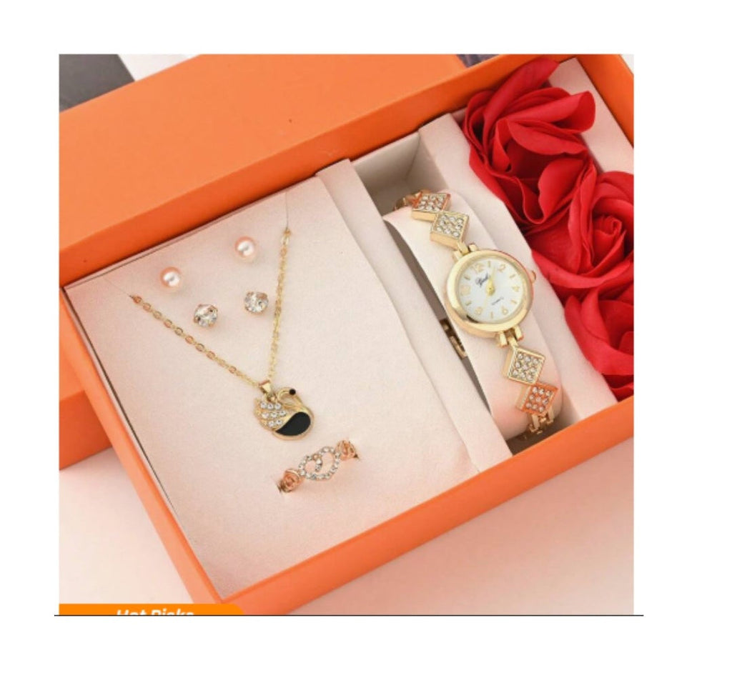 7 Piece Jewelry Gift Set with Roses, Watch Necklace Earrings Ring