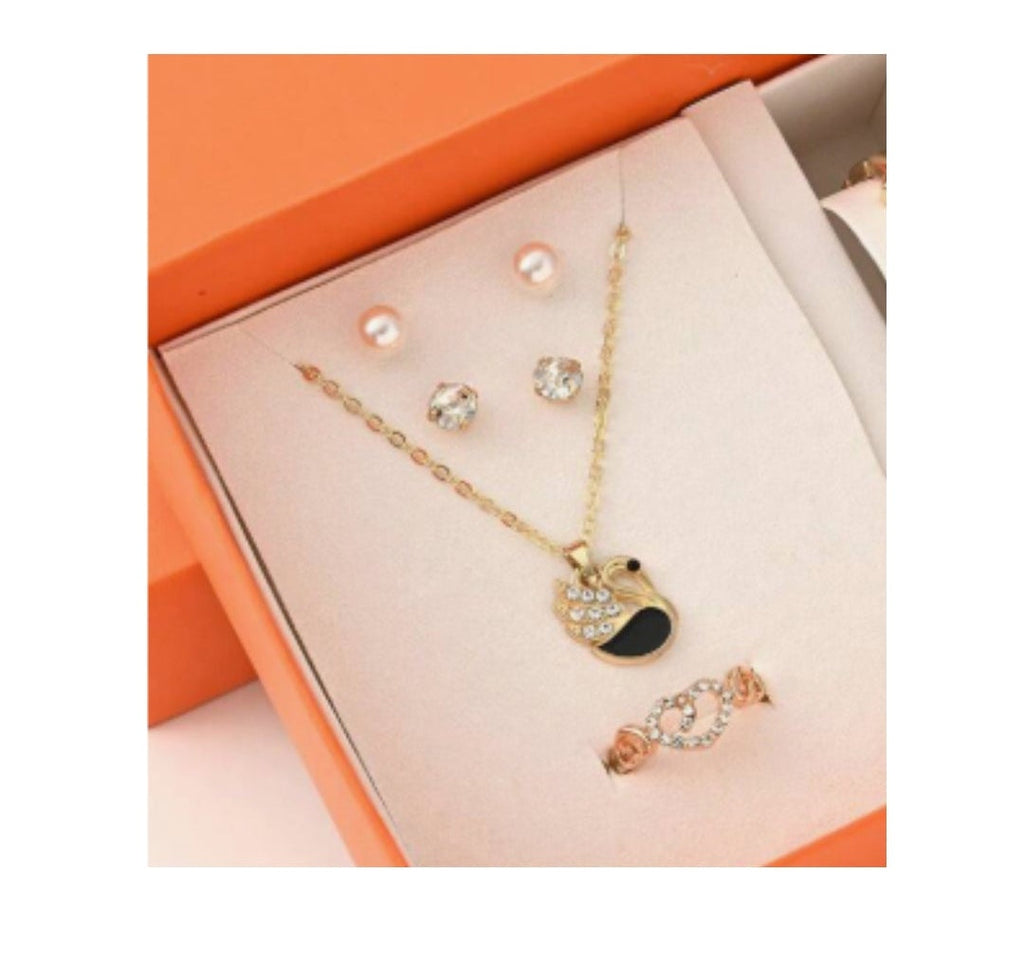 7 Piece Jewelry Gift Set with Roses, Watch Necklace Earrings Ring