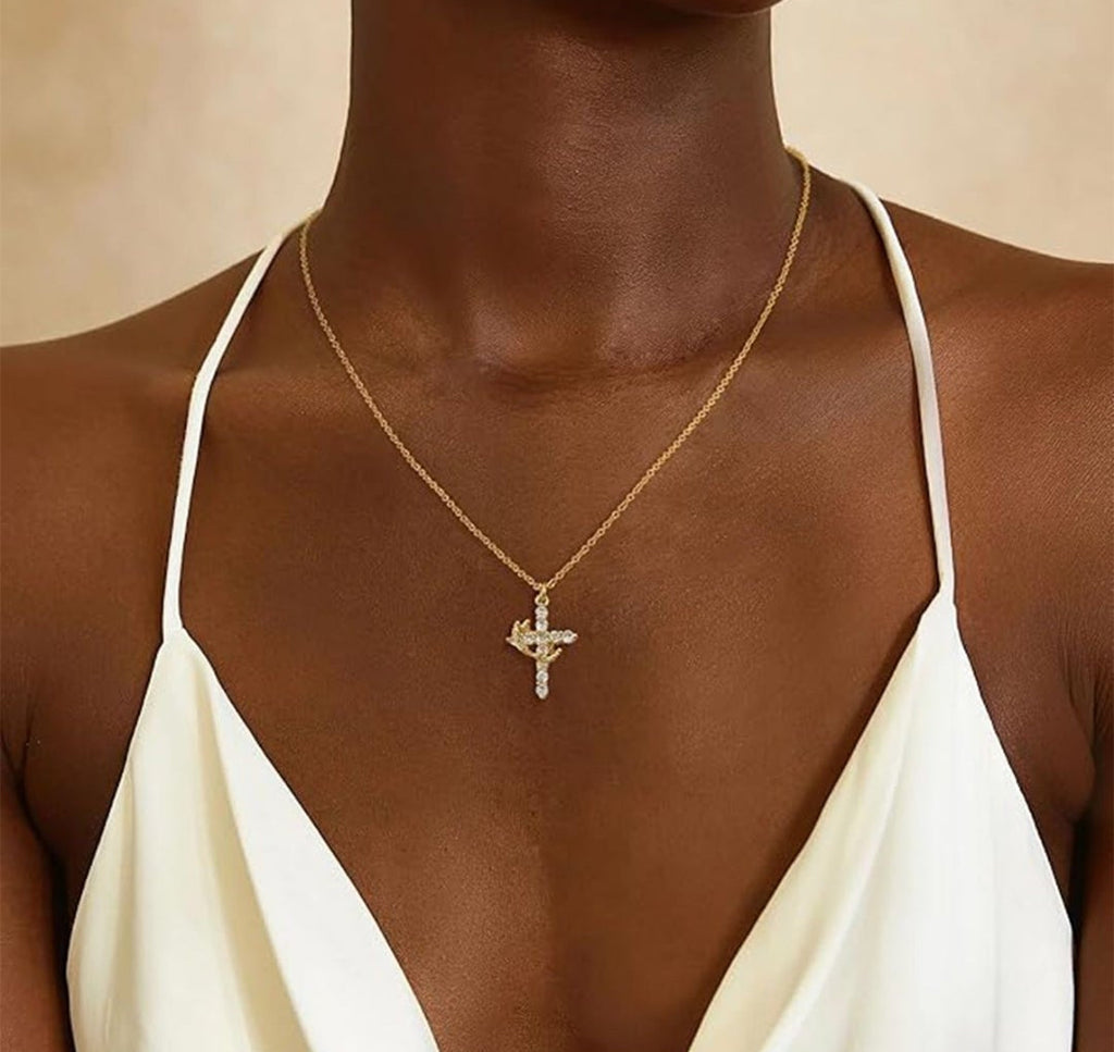 Cubic Zirconia Cross Necklace, Gold Plated Pendant Jewelry