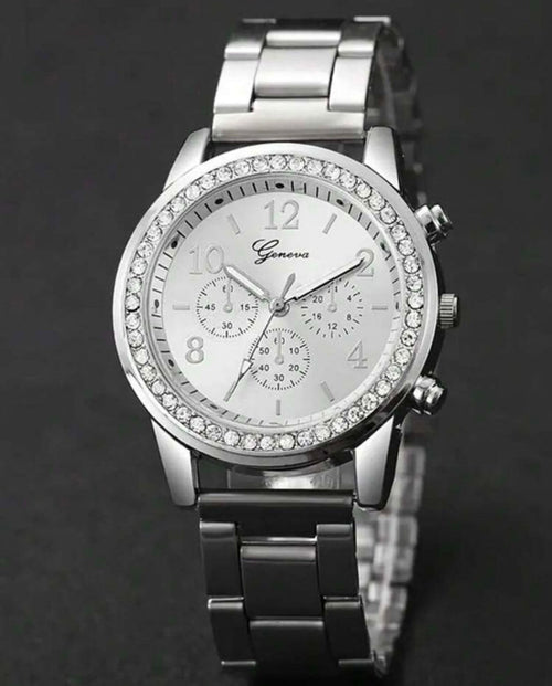 4 Pieces Lady's Silver Stainless Steel Strap Classic Quartz Watch Jewelry Set